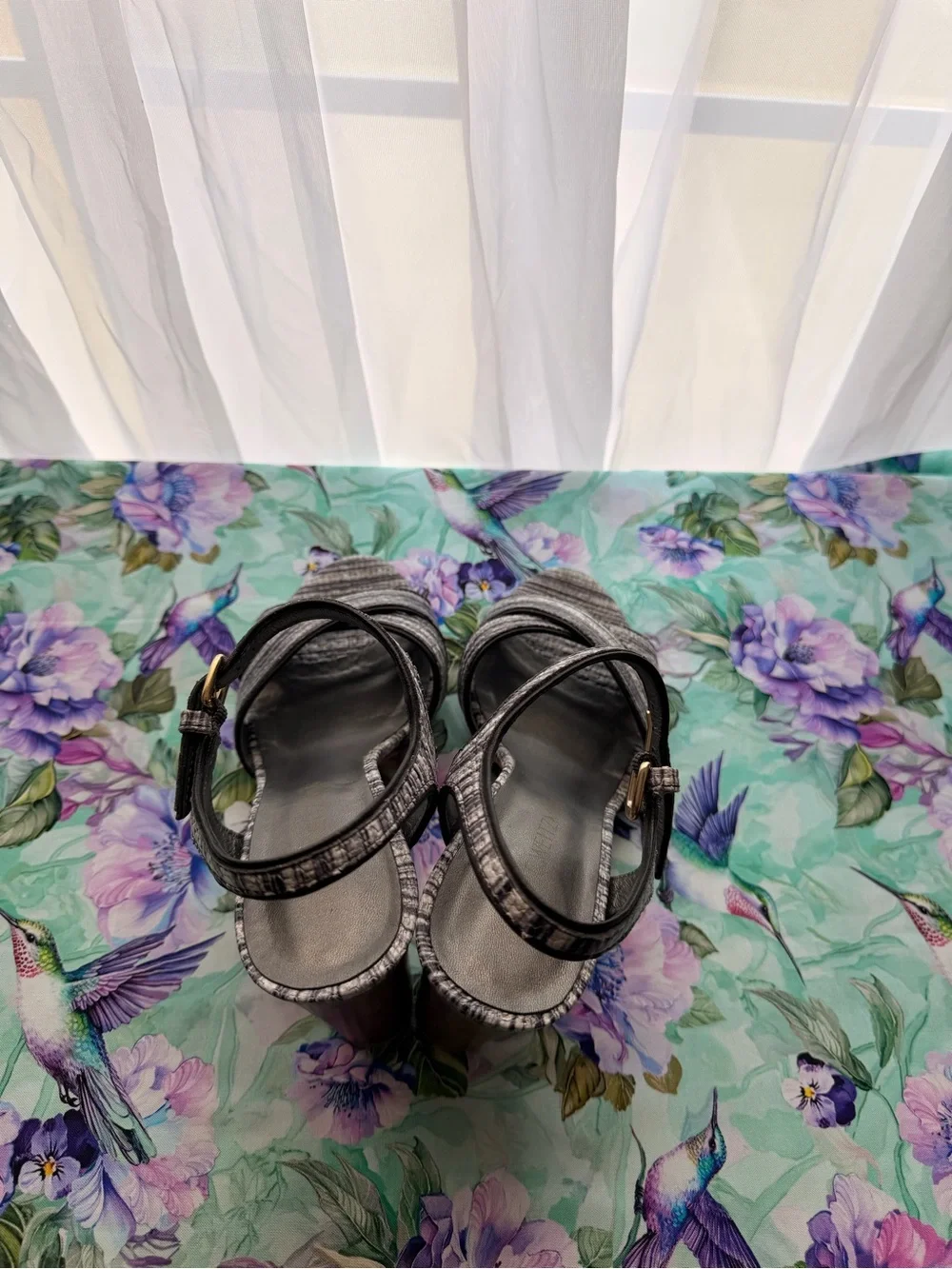 Stuart Weitzman Gray Textured Strappy Block Heel Sandals